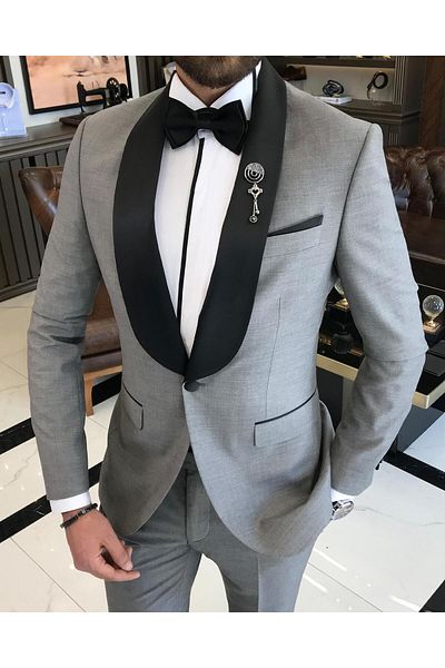 TerziAdemAltun Italian Cut Slim Fit Shawl Collar Jacket Trousers Groom Suit Set Gray T9179