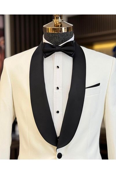 TerziAdemAltun Ecru Slim Fit Shawl Collar Jacket and Trousers Set - Italian Cut T12222