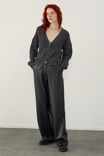 SHERIN Navy Blue Melted Textured Buttoned Knitwear Cardigan