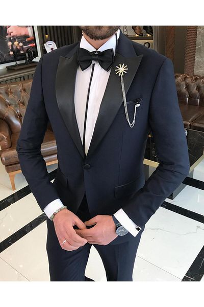 TerziAdemAltun Italian Cut Slim Fit Pointed Collar Jacket Trousers Groom Suit Set Navy Blue T9192