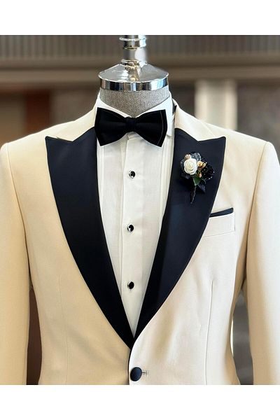 TerziAdemAltun Beige Slim Fit Italian Cut Pointed Collar Jacket and Trousers Set - Groom Suit T12220