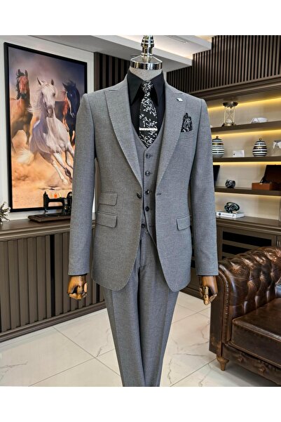 TerziAdemAltun İtalyan stil slim fit ceket yelek pantolon takım elbise gri T11397