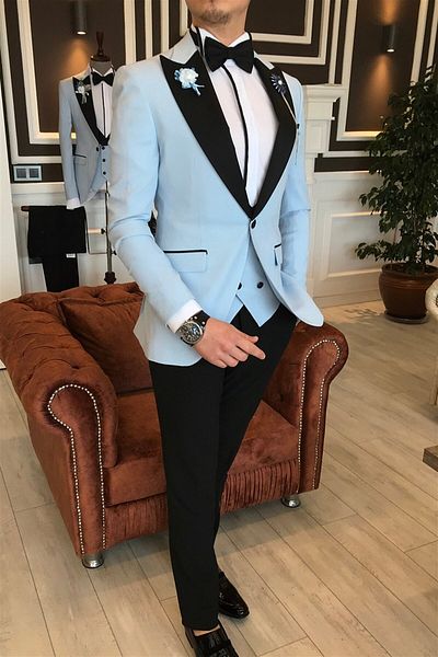 TerziAdemAltun Italian Cut Jacket Vest Trousers Blue Dobby Groom Suit T3461