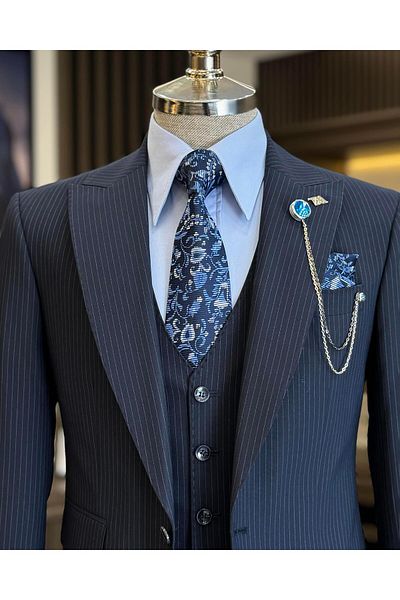 TerziAdemAltun Navy Blue Slim Fit Striped Suit - Jacket, Vest and Trousers T11817