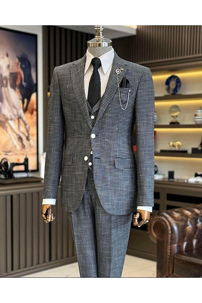 TerziAdemAltun Black Slim FiT ITalian STyle HoundsTooTh PaTTerned JackeT and vesT PanTs SeT - T12791