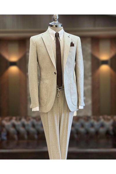 TerziAdemAltun Beige Slim FiT ITalian STyle Mono Collar JackeT and Trousers SeT - T11543