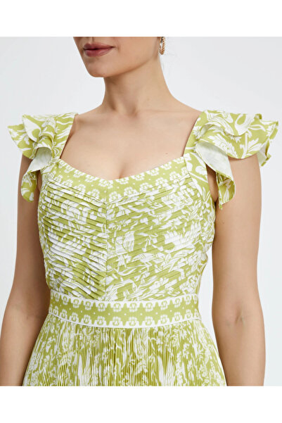 SERPİL Kare Yaka Desenli Kısa Kol Yeşil Elbise 39467