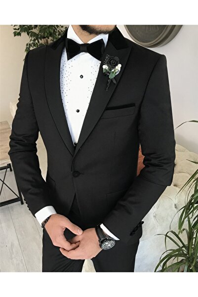 TerziAdemAltun Italian Cut Slim Fit Jacket Vest Pants Groom Suit Set Black T8240