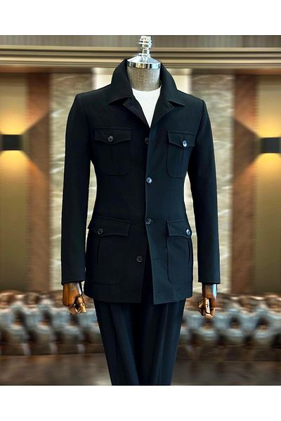 TerziAdemAltun Black Slim Fit Safari Jacket and Trousers Set - T11957