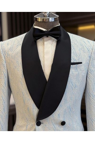 TerziAdemAltun Blue Slim Fit Italian Style Shawl Collar Double Breasted Jacket and Pants Set - Groom Suit T12027