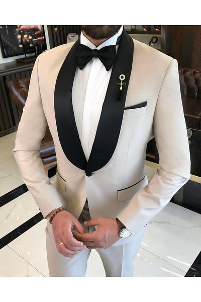 TerziAdemAltun Italian Cut Slim Fit Shawl Collar Jacket Pants Groom Suit Set Beige T9178