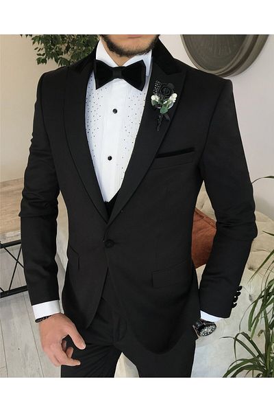 TerziAdemAltun Black Slim Fit Italian Cut Jacket and Vest Pants Set - Groom Suit T8240