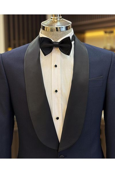 TerziAdemAltun Navy Blue Slim Fit Shawl Collar Jacket and Trousers Set - Groom Suit T11899