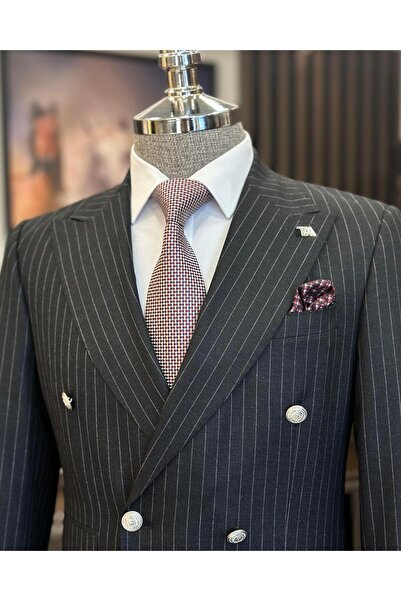 TerziAdemAltun Italian style striped double-breasted jacket pants suit anthracite T11212