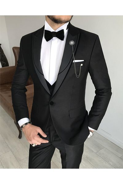 TerziAdemAltun Black Italian Cut Jacket Vest Pants Set - Groomsuit T7845