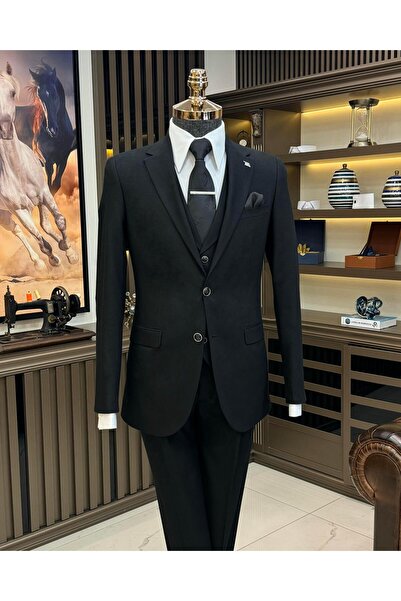 TerziAdemAltun İtalyan stil ceket yelek pileli pantolon takım elbise siyah T1...