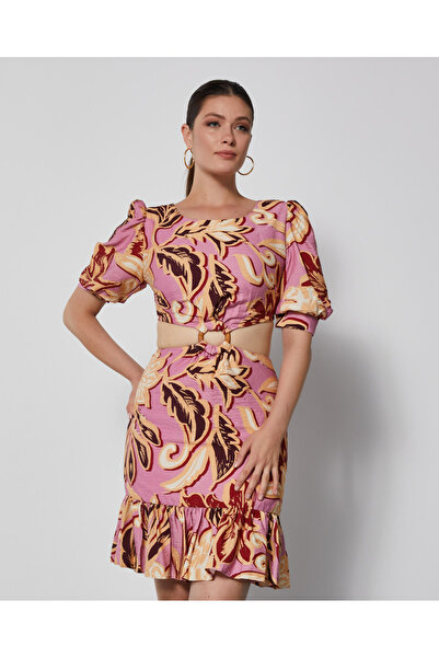 SERPİL Balon Kol Bel Pencere Toka Detaylı Pembe Çiçekli Elbise 37033