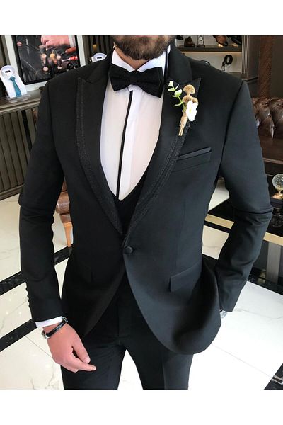 TerziAdemAltun Italian Cut Jacket Vest Pants Groom Suit Set Black T8121