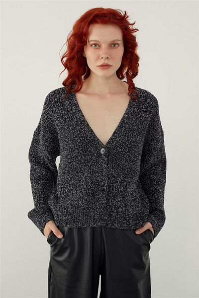 SHERIN Navy Blue Melted Textured Buttoned Knitwear Cardigan