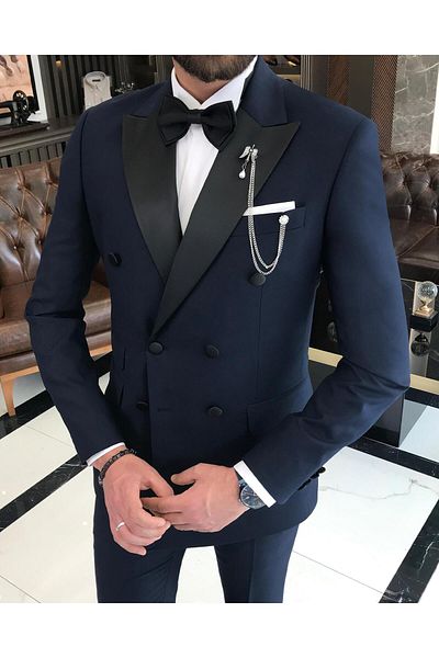 TerziAdemAltun Navy Blue Slim Fit Italian Cut Groom Suit Jacket and Pants Set - T9214