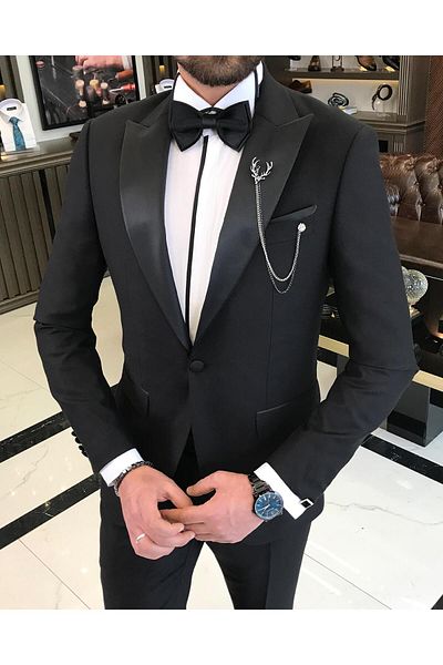 TerziAdemAltun Italian Cut Slim Fit Pointed Collar Jacket Trousers Groom Suit Set Black T9193