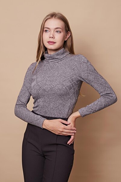 Jument Women's Patterned Stretchy Soft Textured Knitwear Full Fisherman Long Sleeve Blouse-Grey