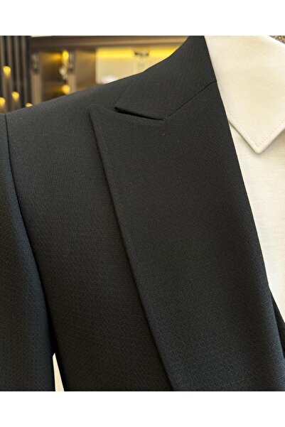 TerziAdemAltun Black Slim Fit Italian Style Men's Suit - Dobby Jacket, Vest, Pants T11566