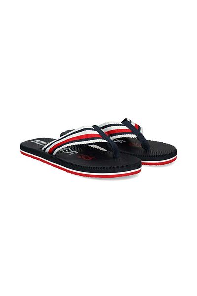 Tommy Hilfiger Men's Brand Logo Polyester Top Split Eva Rubber Outsole Signature Banded Flip Flop Navy Blue Sweat