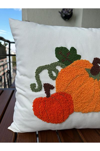 punchatolyem Autumn Pumpkin Decorative Punch Panch Throw Pillow Cover 100% Hand Embroidered Handmade (43X43) Ecru