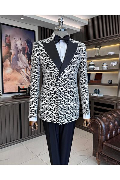 TerziAdemAltun Black Slim Fit Italian Style Double Breasted Jacket and Pants Set - Groom Suit T11571