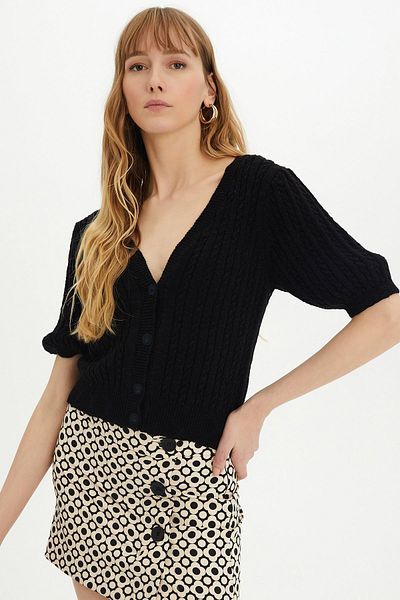 SHERIN Black Braided Buttoned Knitwear Cardigan