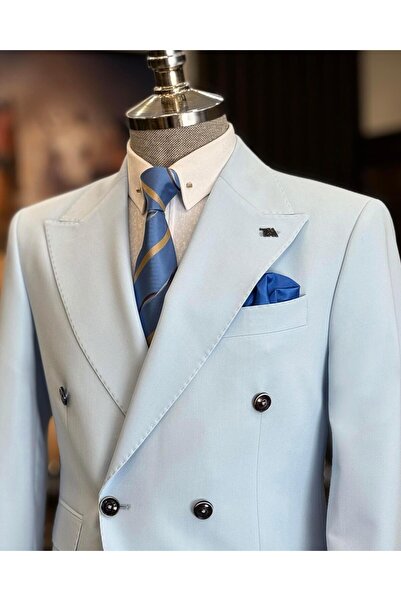 TerziAdemAltun Set de jachetă și pantaloni în stil italian albastru S slim fit K cu două rânduri de nasturi - T12605