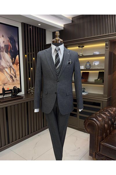 TerziAdemAltun Italian style jacket vest pleated pants suit anthracite T11332