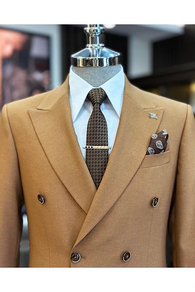 TerziAdemAltun Italian style slim fit double breasted jacket pants suit camel T11360