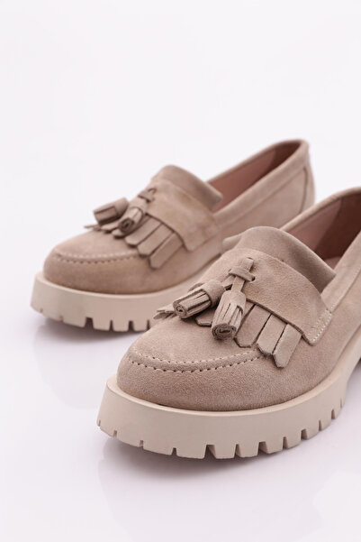 DGN Kadın Kalın Taban Püsküllü Loafer Ayakkabı Bej Süet 3951841