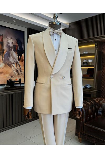 TerziAdemAltun Beige Color Italian Cut Slim Fit Shawl Collar Double Breasted Jacket and Pants Set - T11950