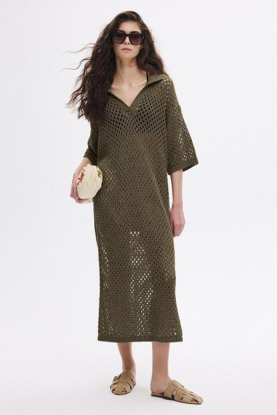 SHERIN Διάτρητο Χακί Φόρεμα Polo Neck