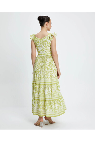 SERPİL Kare Yaka Desenli Kısa Kol Yeşil Elbise 39467