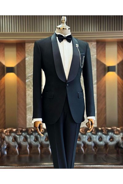 TerziAdemAltun Black Slim Fit Shawl Collar Jacket and Pants Set - Italian Cut T11898