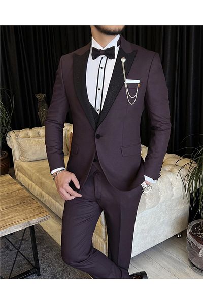 TerziAdemAltun Italian Cut Jacket Vest Trousers Groom Suit Set Claret Red T7467