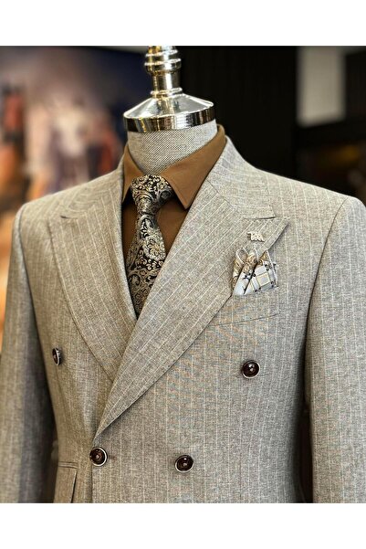 TerziAdemAltun Σετ μπεζ Slim Fit ριγέ διπλό στήθος μπουφάν και παντελόνι - T12581