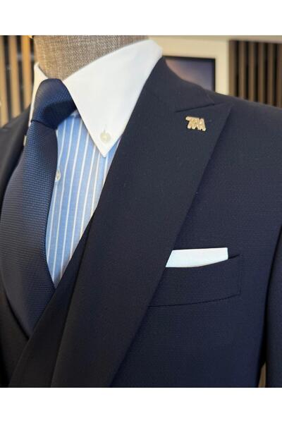 TerziAdemAltun İtalyan stil slim fit erkek armürlü ceket yelek pantolon takım elbise lacivert T11567