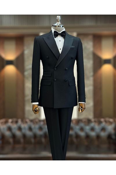 TerziAdemAltun Black Slim Fit Italian Cut Double Breasted Jacket and Pants Set - T11839