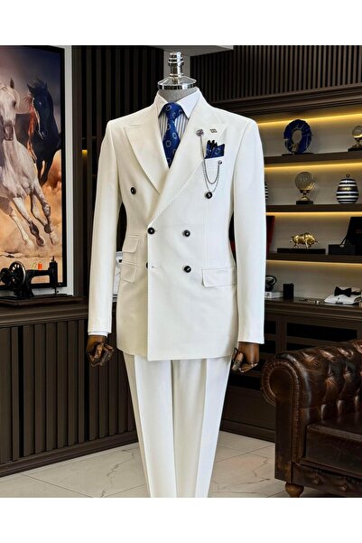 TerziAdemAltun White Slim Fit Italian Style Double Breasted Jacket and Pants Set - T12606