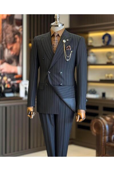 TerziAdemAltun Μαύρο ιταλικό στυλ με διπλό ριγέ κοστούμι - Σακάκι και παντελό...