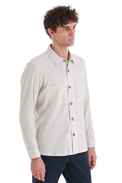 Hatemoğlu Bej Klasik Fit Çizgili Uzun Kollu Overshirt Gömlek Ceket