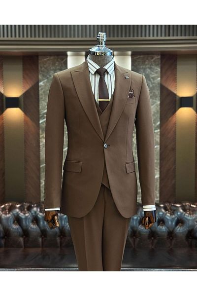 TerziAdemAltun Italian Style Brown Jacket and Dress Set - Vest and Trousers T12005
