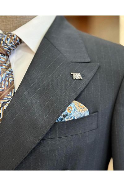 TerziAdemAltun Navy Blue Slim Fit Striped Double Breasted Jacket and Trousers Set - T11687