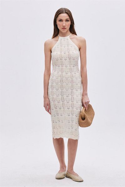 SHERIN Ecru Halter Neck Midi Knitwear Dress