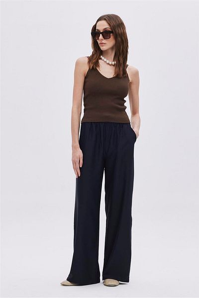 SHERIN Navy Blue Lace-Up Elastic Waist Trousers